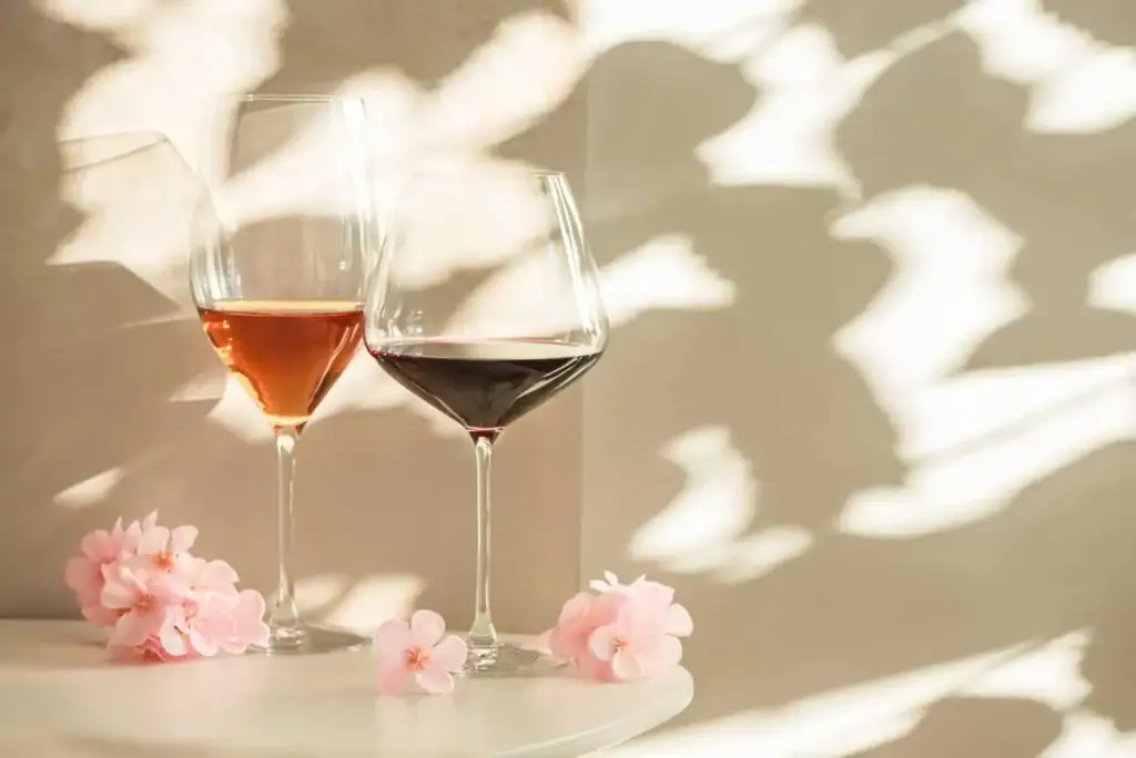 rose and red wine glasses with sakura cherry blossom